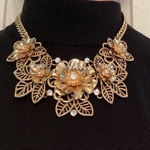 Statement Necklace Gold with Rhinestone Ac…